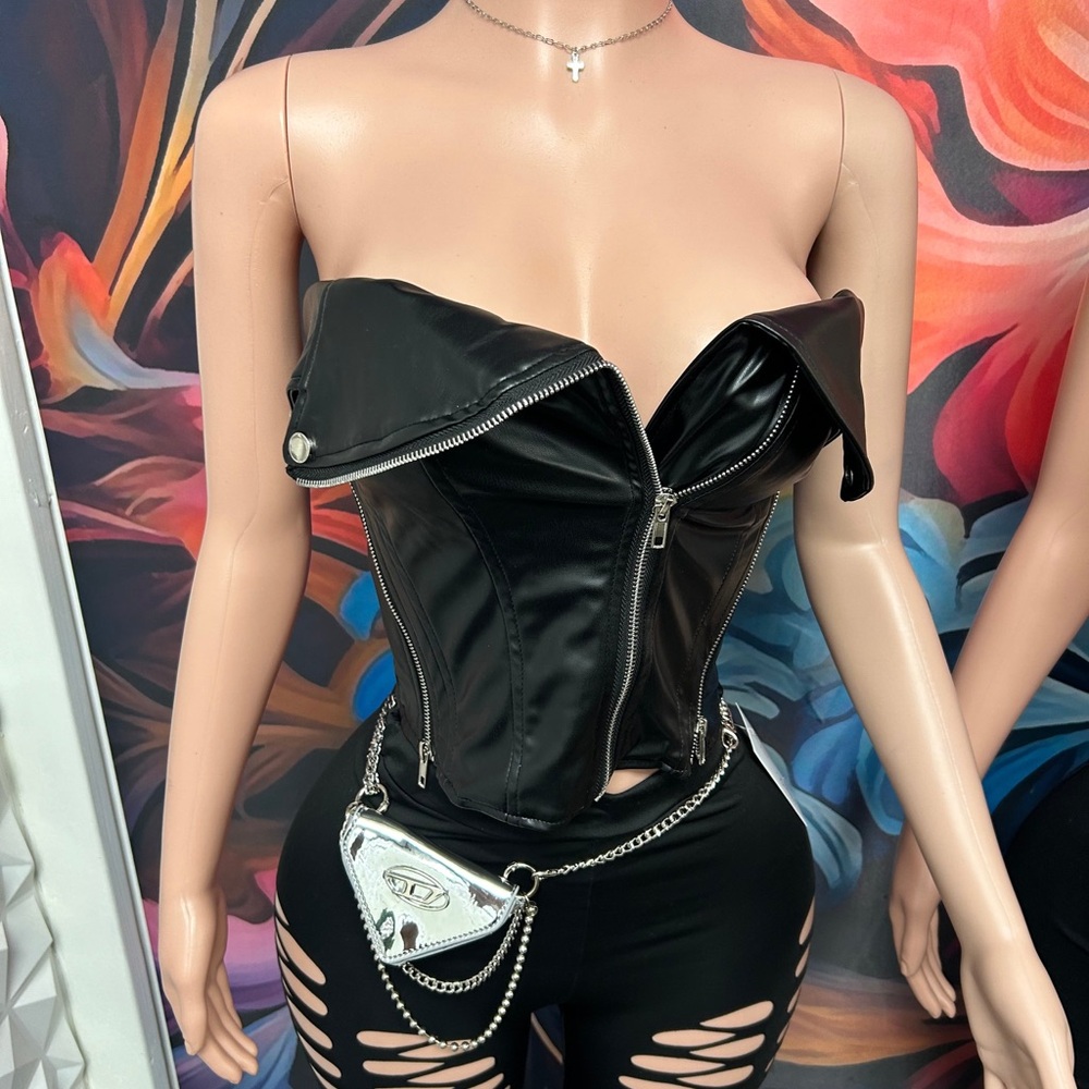Black Strapless Zipper Corset Top
